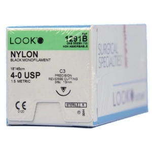 LOOK #1291B 4/0 Nylon Suture, Black Mono, 18"/45cm, C3, 13mm 3/8 Circle, 12/bx  