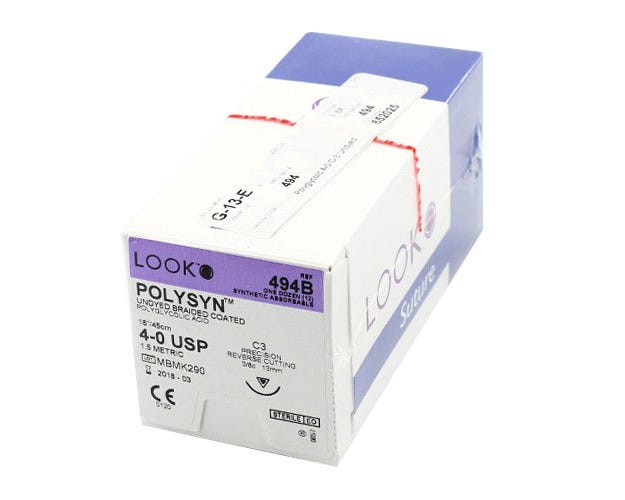 4/0 PolySyn Suture, Undyed Braided, 18"/45cm, C3, 13mm 3/8 Circle, 12/bx, #494B 