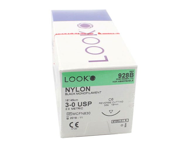 3/0 Nylon Suture, Black Mono, 18"/45cm, C6, 18mm 3/8 Circle, 12/bx 