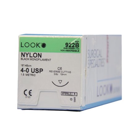 LOOK #922B 4/0 Nylon Suture, Black Mono, 18"/45cm, C6, 18mm 3/8 Circle, 12/bx 