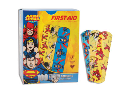 Justice League Bandages (Superman, Wonderwomen, Flash) Box/100 band-aid bandaid band aid childrens childrens child