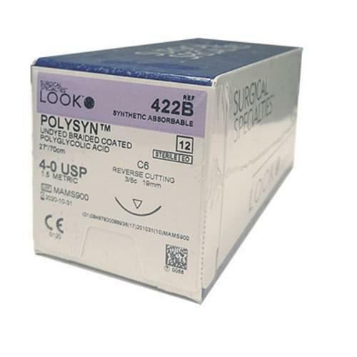 4/0 PolySyn™ Suture, Undyed Braided, 27"/70cm, C6, 19mm 3/8 Circle, 12/bx 